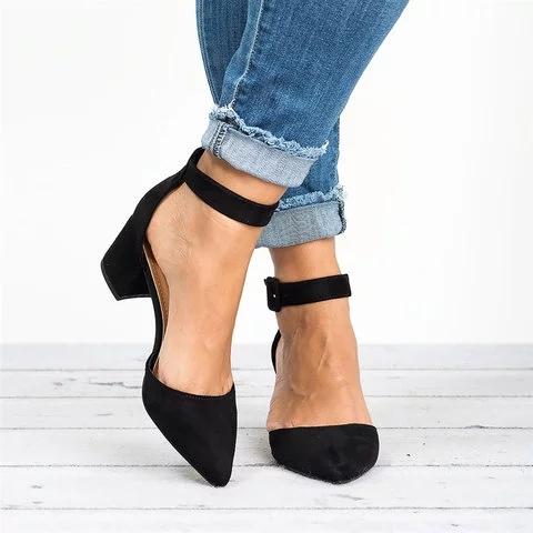 Pointed Toe Chunky Heel Pumps Adjustable Buckle Heel Sandals Sandals Pavacat 