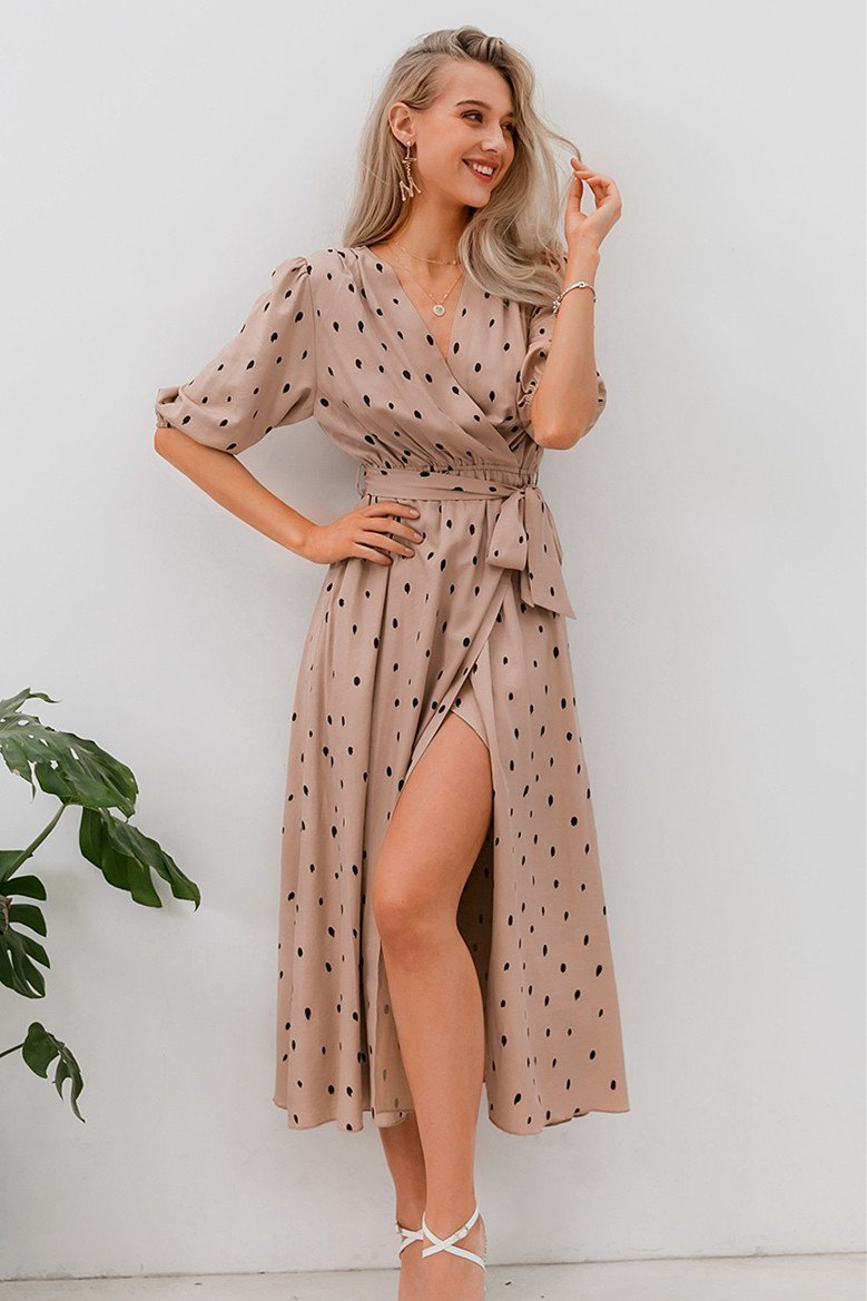 Polka Dot Wrap Puff sleeve Dress - Pavacat