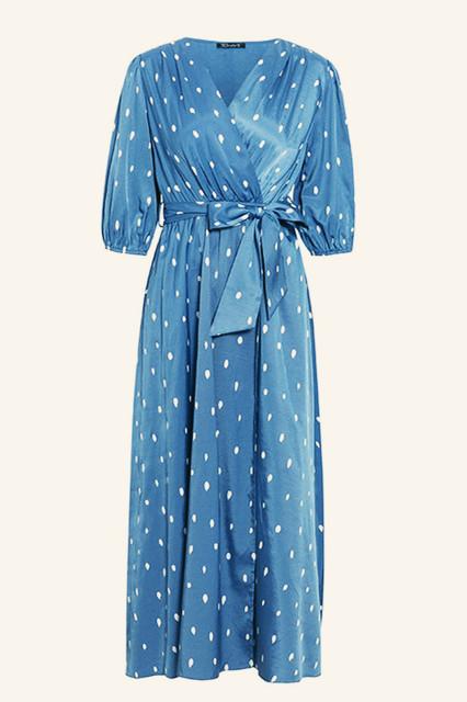 Polka Dot Wrap Puff sleeve Dress - Pavacat