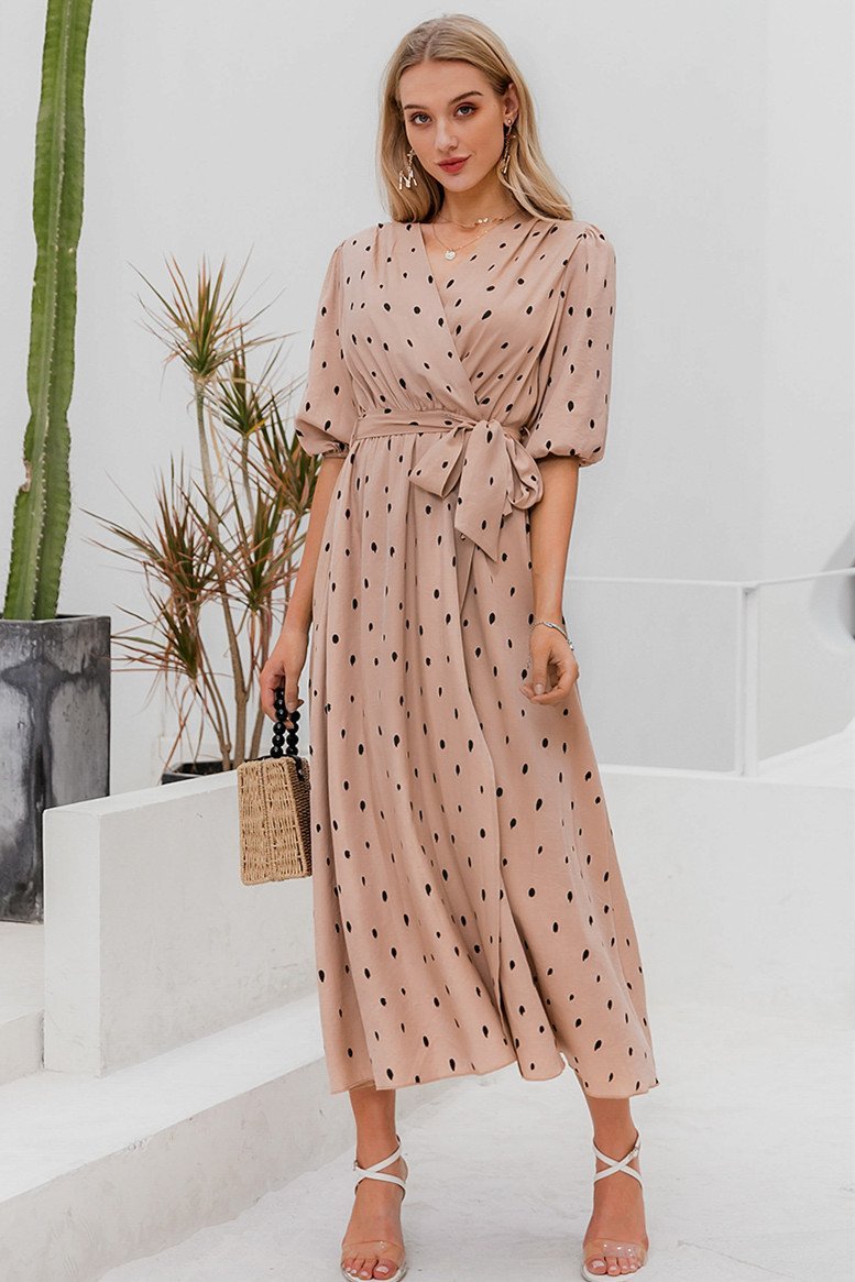 Polka Dot Wrap Puff sleeve Dress - Pavacat