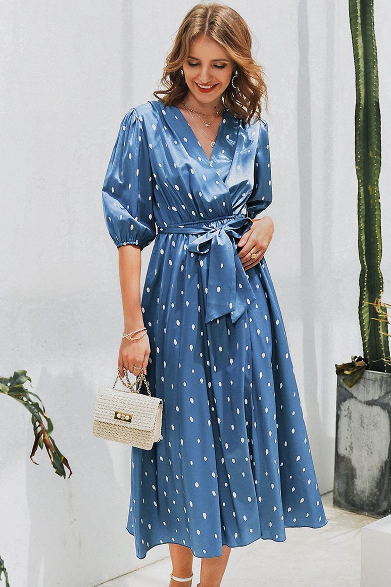 Polka Dot Wrap Puff sleeve Dress - Pavacat