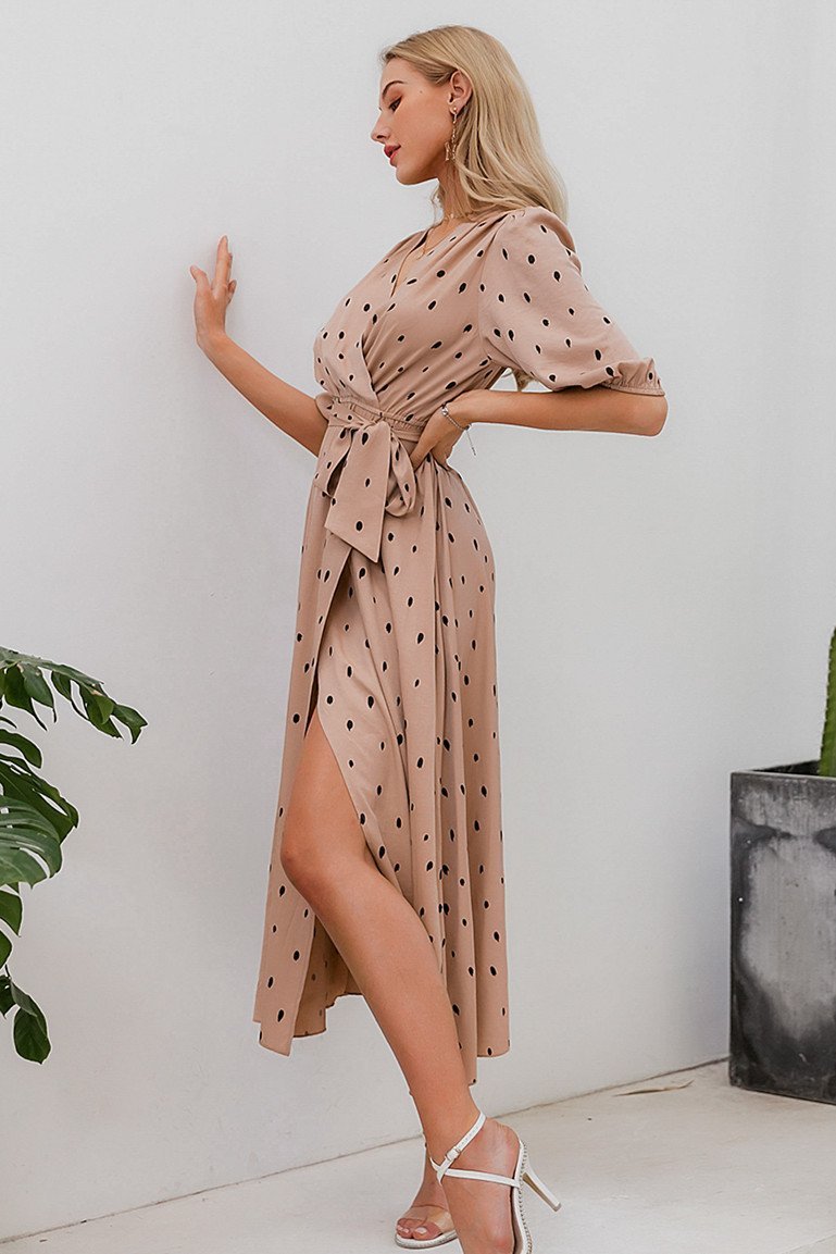 Polka Dot Wrap Puff sleeve Dress - Pavacat