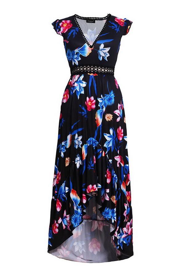 Printed V-collar A-line Dress