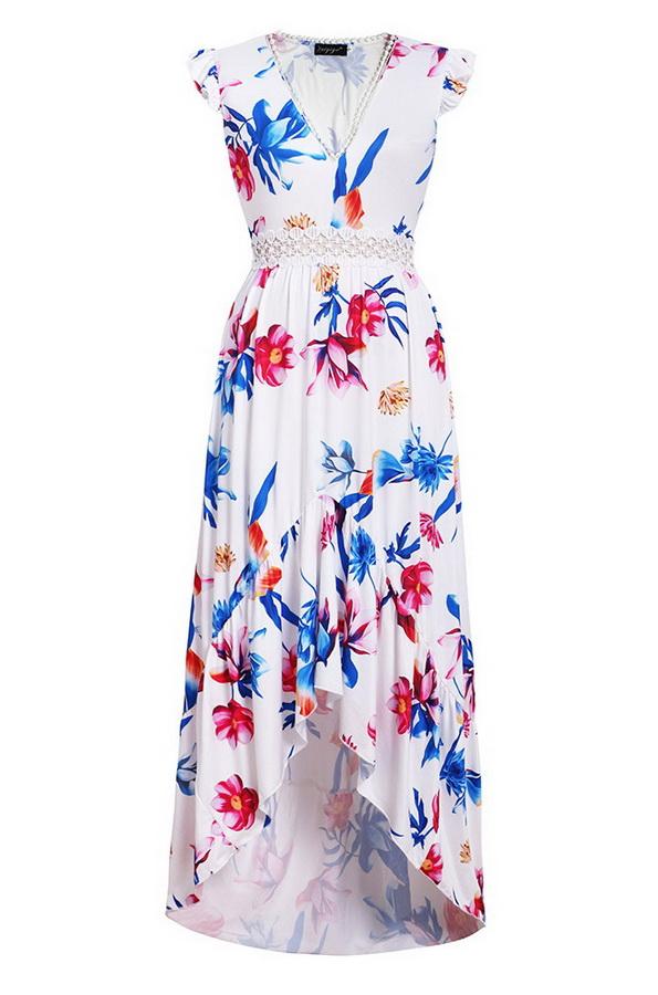 Printed V-collar A-line Dress