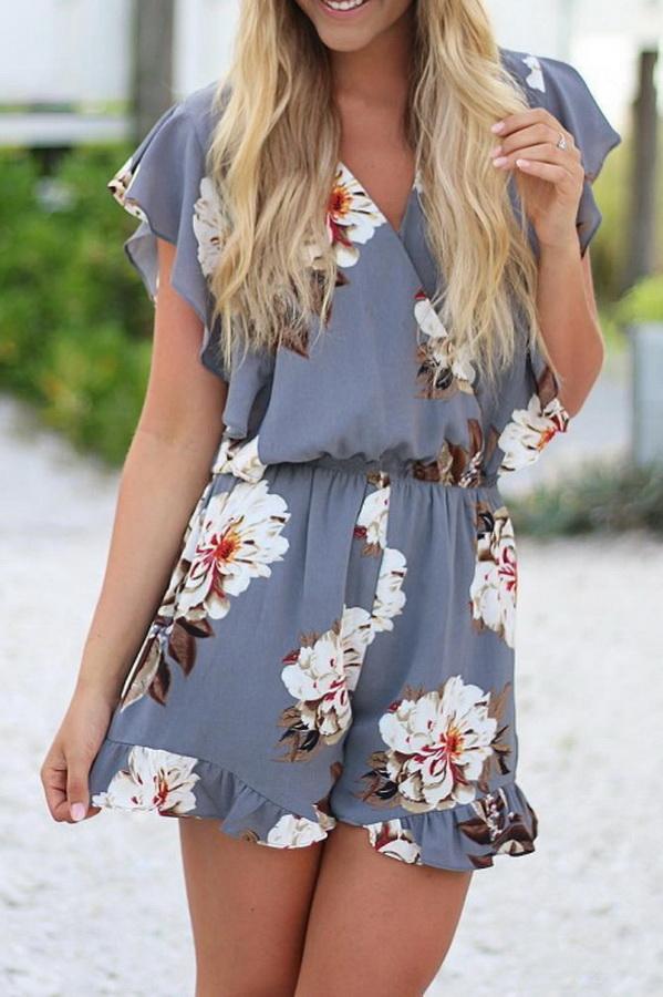 Printed V-collar Flounce Sleeve Jumpsuit Jumpsuits & Rompers 5201906191605 