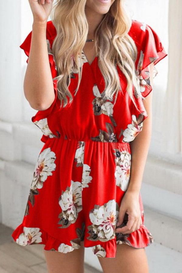 Printed V-collar Flounce Sleeve Jumpsuit Jumpsuits & Rompers 5201906191605 