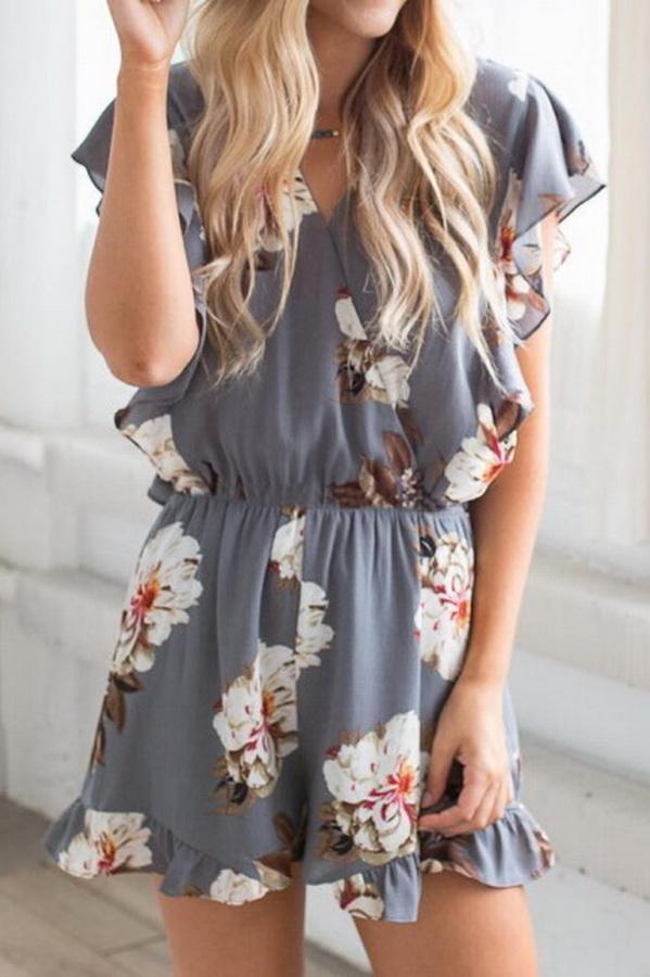 Printed V-collar Flounce Sleeve Jumpsuit Jumpsuits & Rompers 5201906191605 L gray 