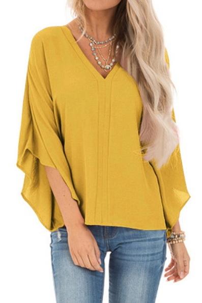 Pure Colour Loose V-neck Bat Sleeve Casual T-shirt - Pavacat