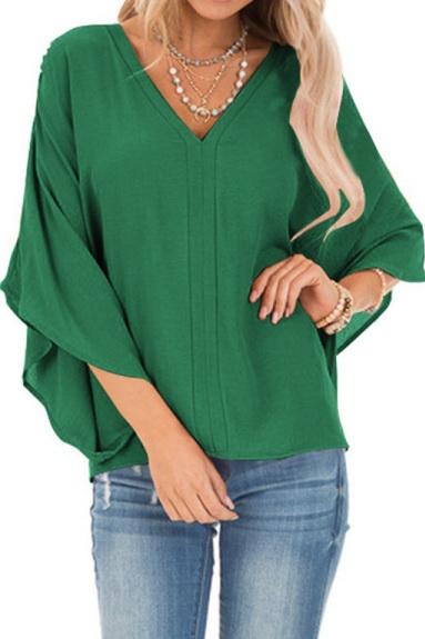 Pure Colour Loose V-neck Bat Sleeve Casual T-shirt - Pavacat