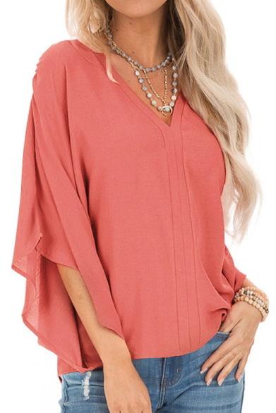 Pure Colour Loose V-neck Bat Sleeve Casual T-shirt - Pavacat