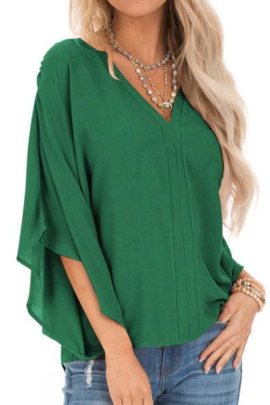 Pure Colour Loose V-neck Bat Sleeve Casual T-shirt - Pavacat