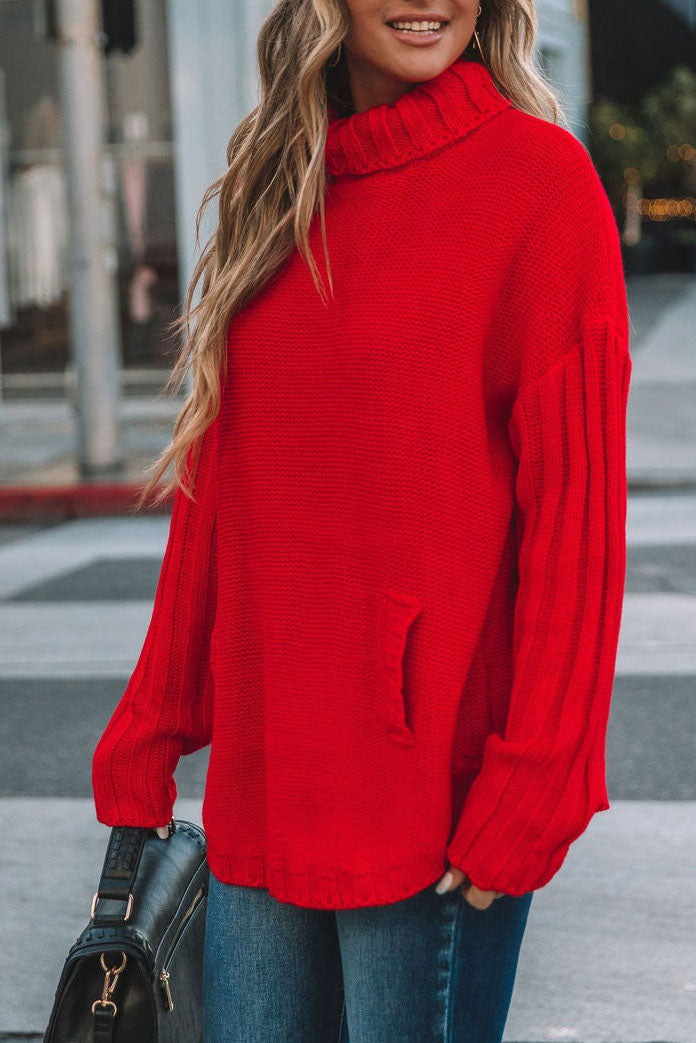 Oversized Turtleneck Kangaroo Pocket Knit Sweater