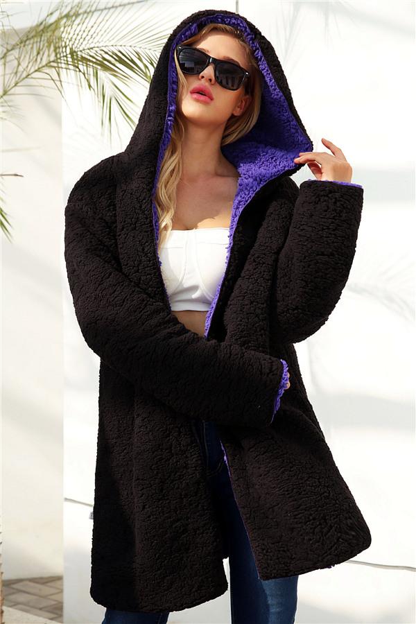 Reversible Faux Lambswool Thick Jacket - Purple/Black Coat Simplee 