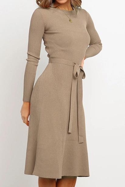 Round Neck Belt Long-sleeved Dress - Pavacat