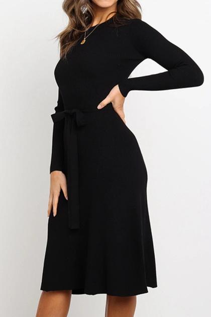 Round Neck Belt Long-sleeved Dress - Pavacat