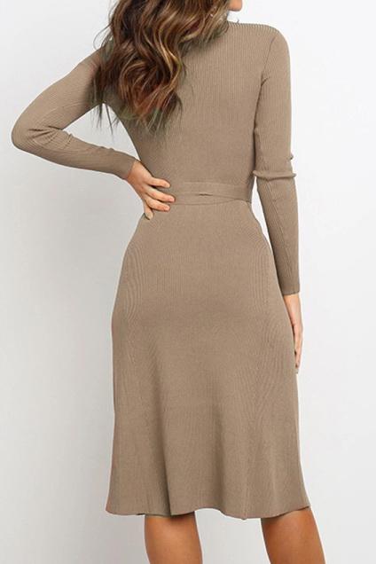 Round Neck Belt Long-sleeved Dress - Pavacat