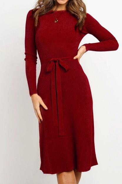 Round Neck Belt Long-sleeved Dress - Pavacat