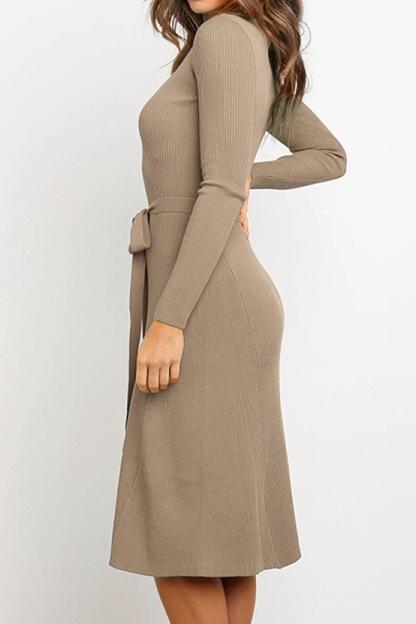 Round Neck Belt Long-sleeved Dress - Pavacat