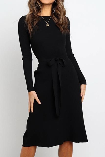 Round Neck Belt Long-sleeved Dress - Pavacat