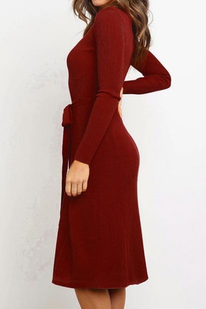 Round Neck Belt Long-sleeved Dress - Pavacat