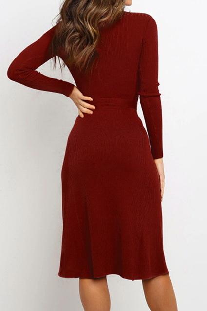 Round Neck Belt Long-sleeved Dress - Pavacat