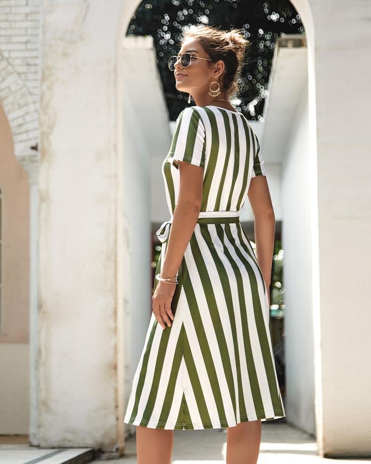 Round Neck Belt Striped Mid Dress - Pavacat