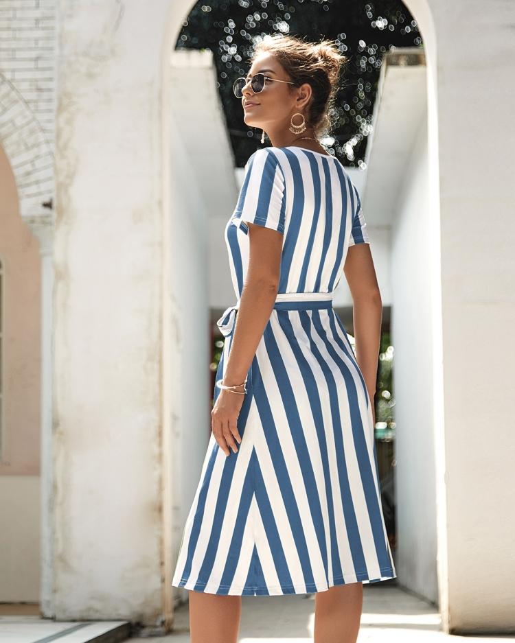 Round Neck Belt Striped Mid Dress - Pavacat