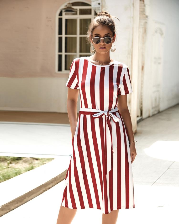 Round Neck Belt Striped Mid Dress - Pavacat