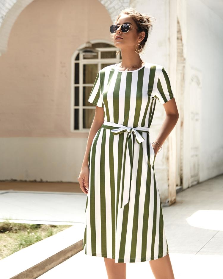 Round Neck Belt Striped Mid Dress - Pavacat