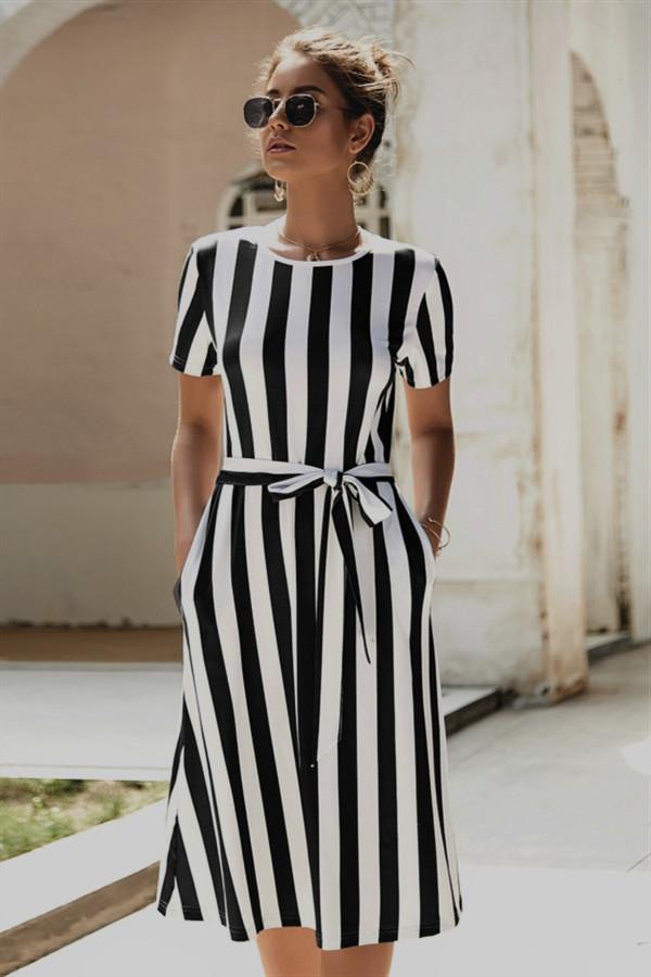 Round Neck Belt Striped Mid Dress - Pavacat