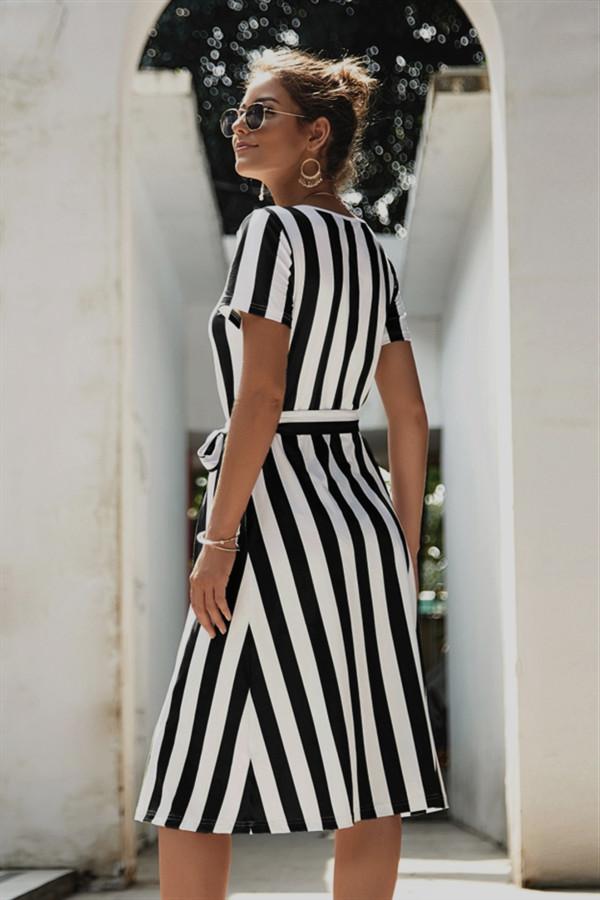 Round Neck Belt Striped Mid Dress - Pavacat