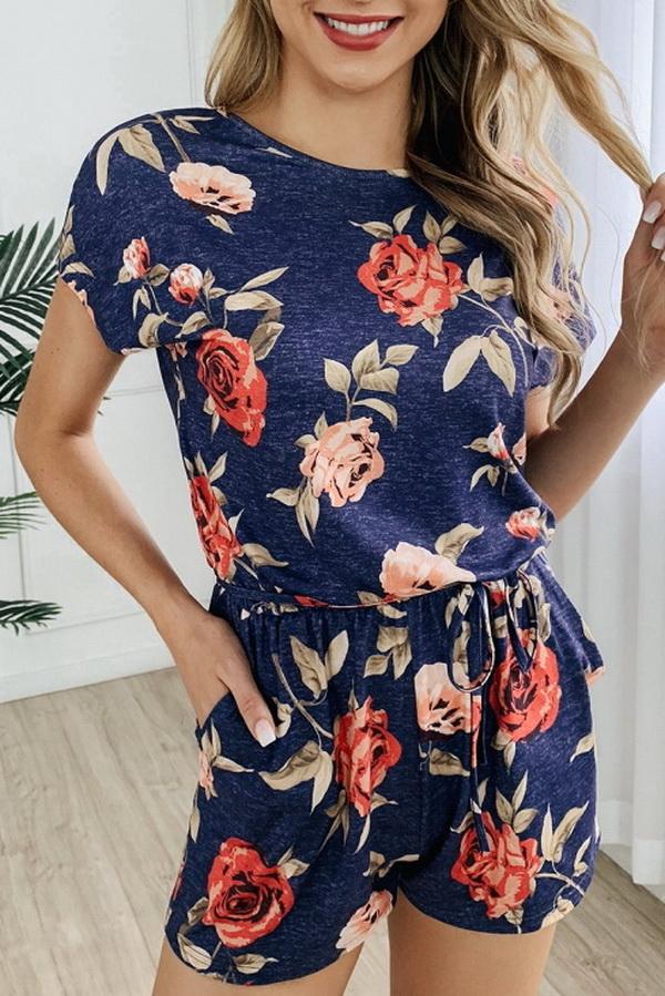 Round Neck Printed Button Drawstring Jumpsuit Jumpsuits & Rompers 5201906191605 