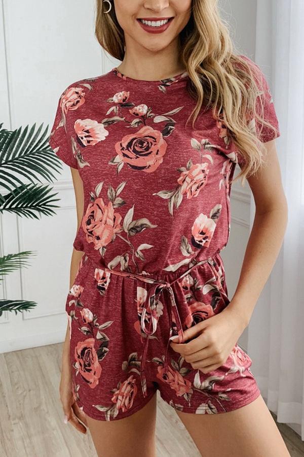 Round Neck Printed Button Drawstring Jumpsuit Jumpsuits & Rompers 5201906191605 