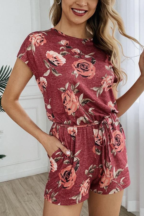 Round Neck Printed Button Drawstring Jumpsuit Jumpsuits & Rompers 5201906191605 