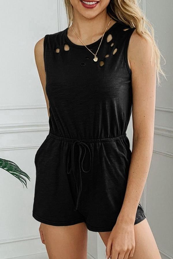 Round-necked Pocket Drawstring Waist Jumpsuit Jumpsuits & Rompers 5201906191605 