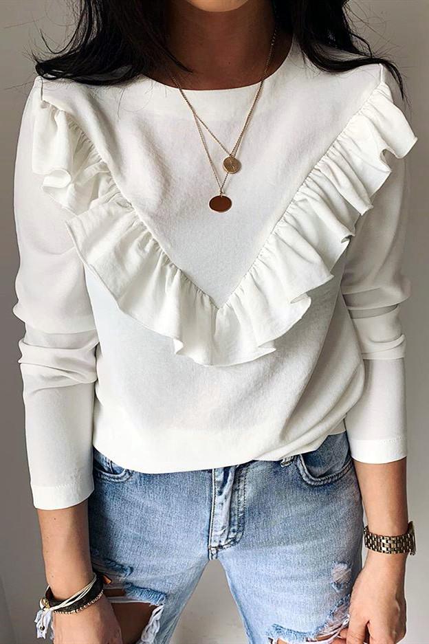 Ruffle Round Neck Long Sleeve Top - Pavacat