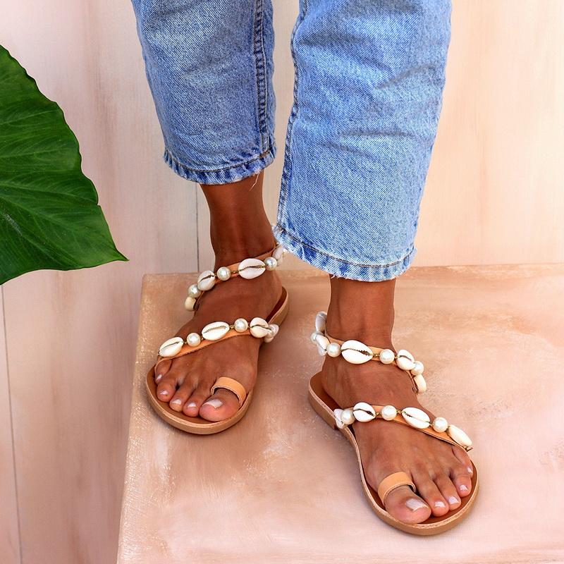 Shell Pearls Lace-Up Rome Sandals - Pavacat