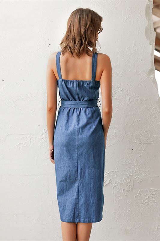 Sleeveless Button Long Denim Dress - Pavacat