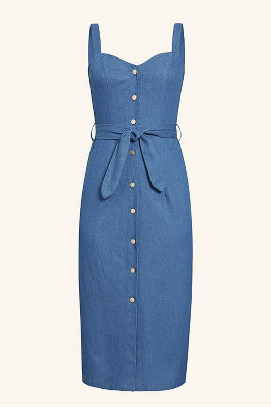 Sleeveless Button Long Denim Dress - Pavacat