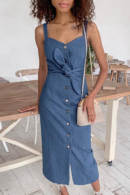 Sleeveless Button Long Denim Dress - Pavacat