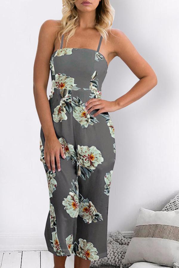 Spaghetti Strap Sleeveless Loose Floral Jumpsuit Jumpsuits & Rompers 5201804251627 gray S 