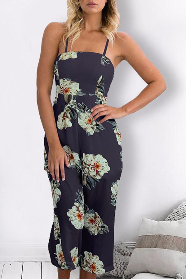 Spaghetti Strap Sleeveless Loose Floral Jumpsuit Jumpsuits & Rompers 5201804251627 navy S 