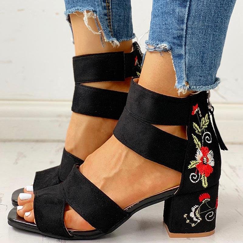 Square Heel Open Toe Embroider Sandals - Pavacat