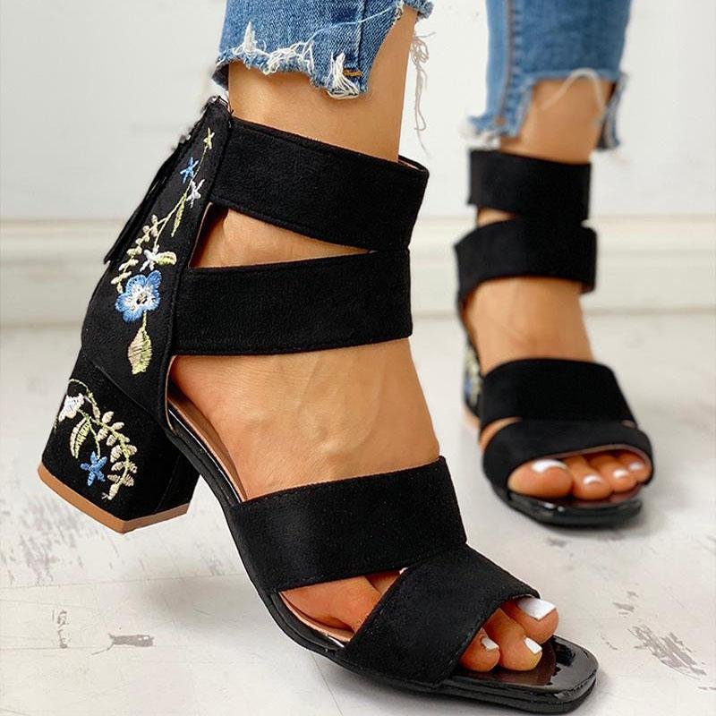 Square Heel Open Toe Embroider Sandals - Pavacat