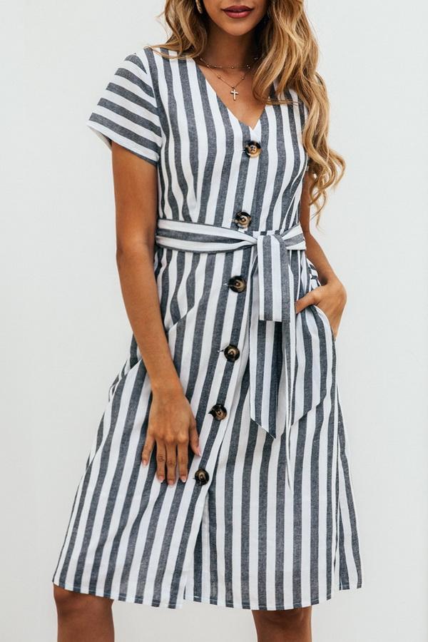 Stripe Pocket V-neck Single Breasted Dress Dress 5201906191605 