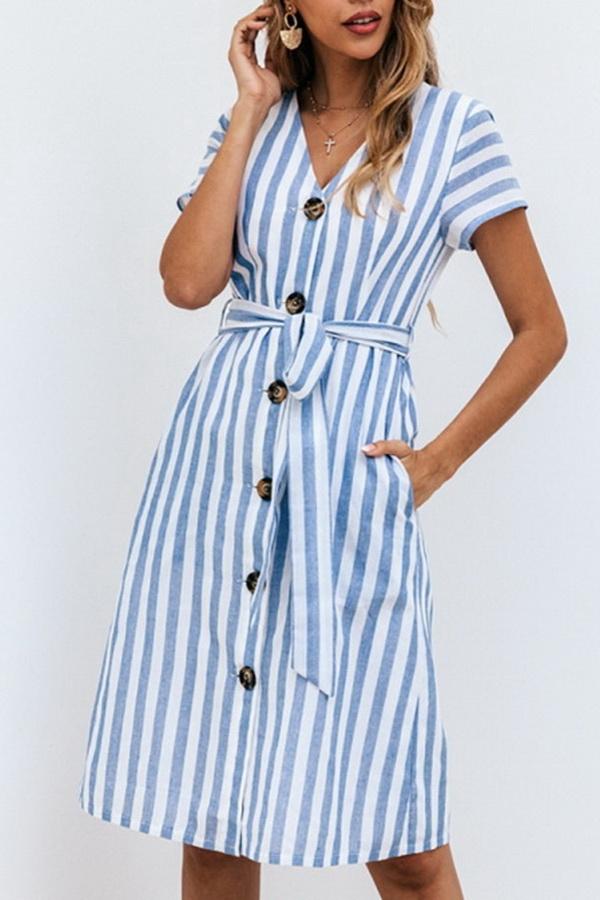 Stripe Pocket V-neck Single Breasted Dress Dress 5201906191605 