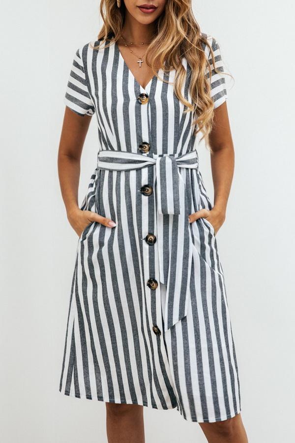 Stripe Pocket V-neck Single Breasted Dress Dress 5201906191605 