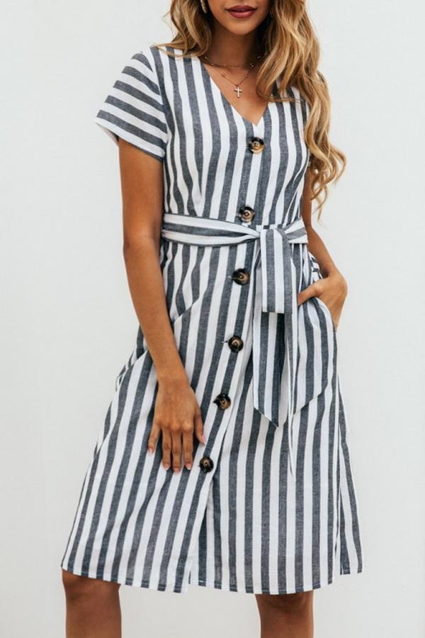 Stripe Pocket V-neck Single Breasted Dress Dress 5201906191605 