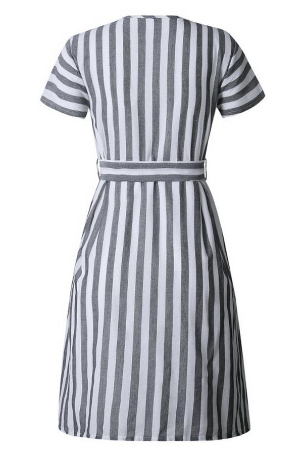 Stripe Pocket V-neck Single Breasted Dress Dress 5201906191605 