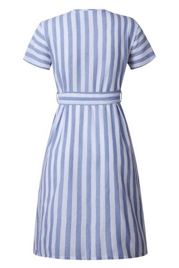 Stripe Pocket V-neck Single Breasted Dress Dress 5201906191605 